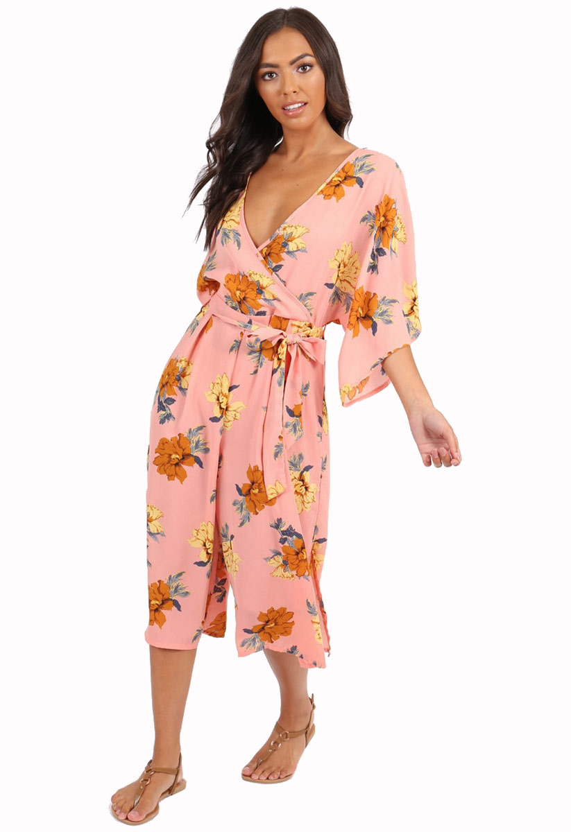 Pink Floral Batwing Sleeve Wrap ...