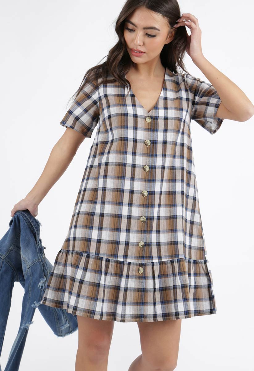 Womens Ladies Brown Check Button Down Frill Hem Smock Day Dress